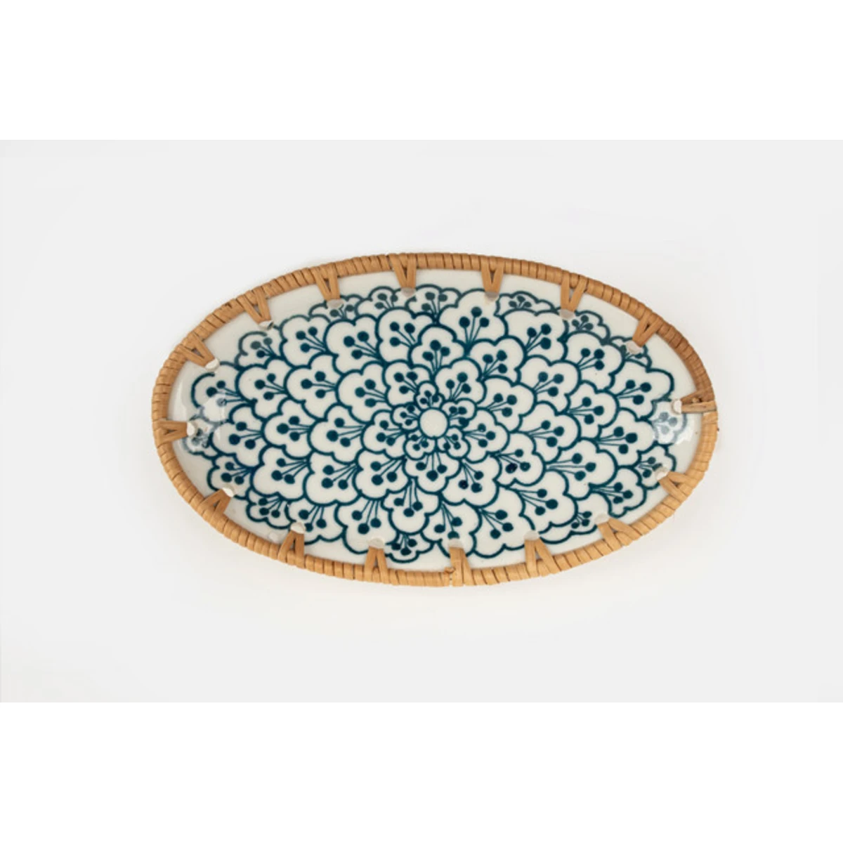 Manamo Anya Plate Ceramic / Rattan Blue/White 20x12x2.5 cm