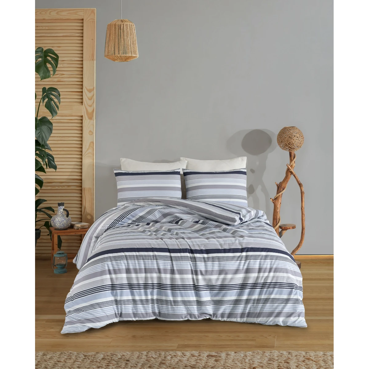 Manamo M&D Stripe Duvet Cover With Pillow Case Cotton Denim/Grey Double Size 200x220+50x70 cm(2)