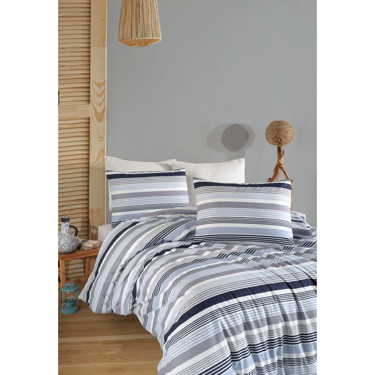 Manamo M&D Stripe Duvet Cover With Pillow Case Cotton Denim/Grey Double Size 200x220+50x70 cm(2)