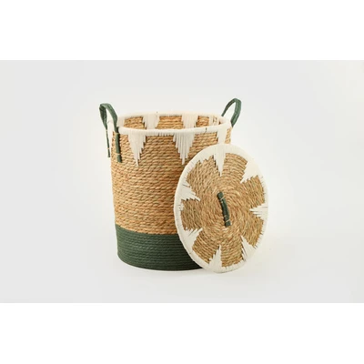 Manamo Lila Laundry Basket Wicker/Cotton Natural/White/Cameo Green  42x50 cm
